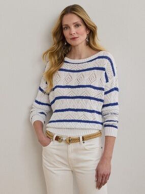 Lauren Ralph Lauren Marris Long-Sleeve Striped Pointelle Sweater Pullover Large